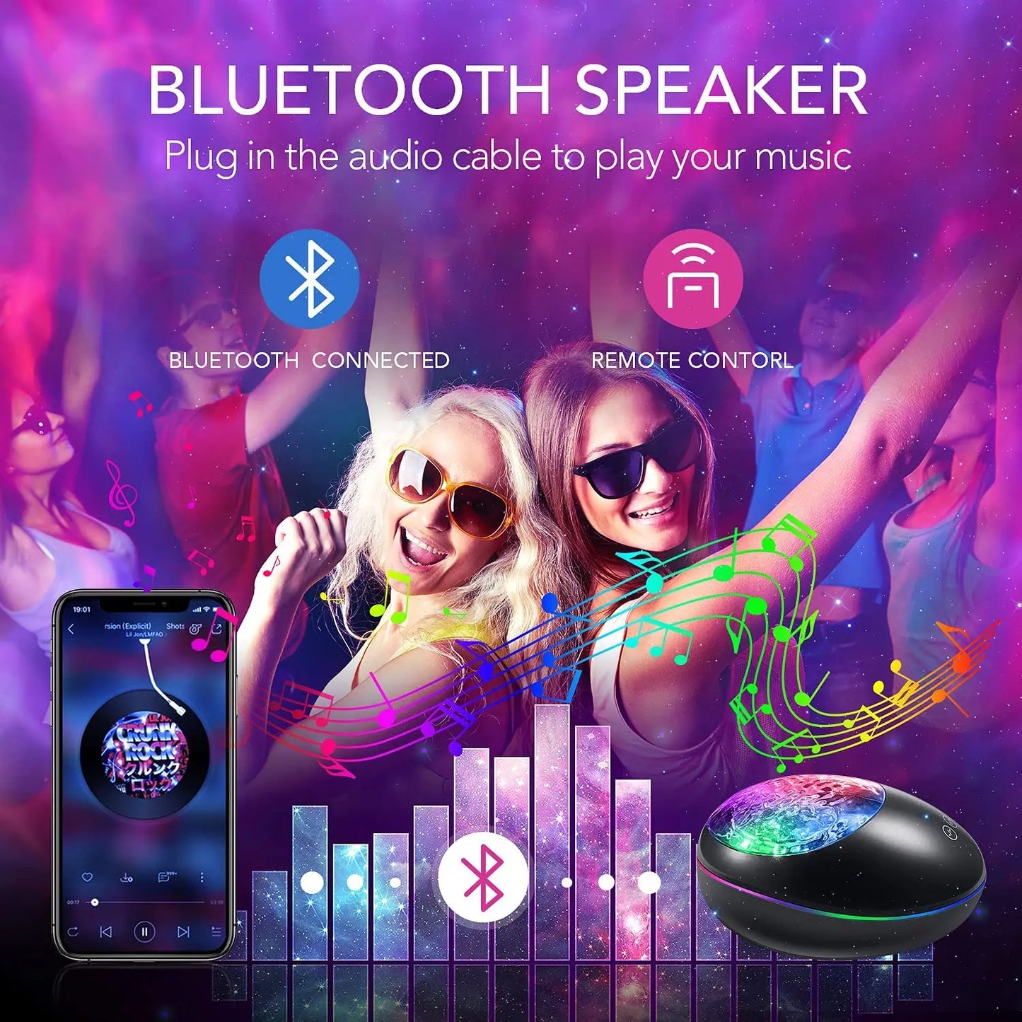Lucky Stone Ocean Wave Projector Night Light Lamp Bluetooth Music Player Remote Control Colorful Led Projection Nightlight